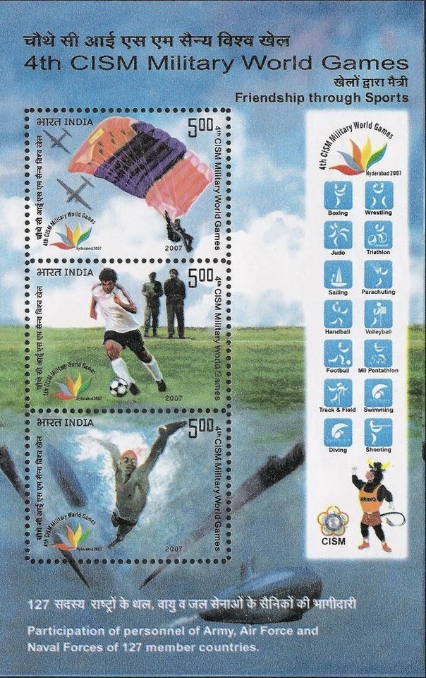 Hoja de recuerdo de fútbol natación Juegos Mundiales Militares India CISM 2007 MNH Foto 1 de 1