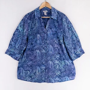 Camisa Liz & Me for Catherines para mujer 0X azul batik cachemira algodón abotonado - Imagen 1 de 8