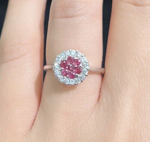 14k Solid White Gold Cluster Ring With Natural Ruby & CZ Size 6.5. 2.98 Grams - Picture 1 of 6