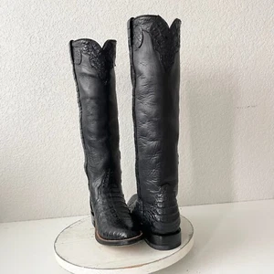 NEW Rod Patrick Knee High Womens Cowboy Boots 8.5AA Black Caiman Western Cowgirl - Picture 1 of 11