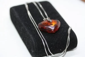 Collana antica vintage cuore baltico ambra argento sterling 925 18" pezzo eredità - Foto 1 di 23