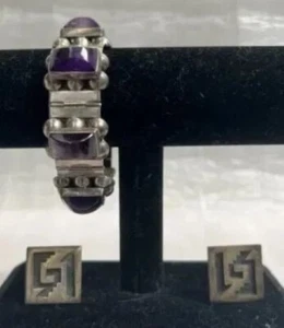 60s Sterling Silver "TAXCO" Amethyst Braclet with 2 Streling Silver Cufflinks - Picture 1 of 4