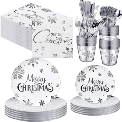 230 Pcs Christmas Disposable Plastic Plates Set 7 and 9" Silver Plates Snowfl... - Image 1 of 4