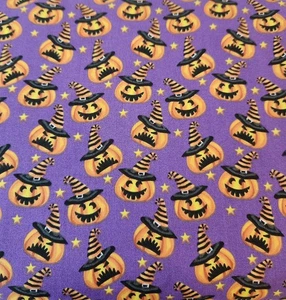 Schelmische Kürbisse auf lila Baumwolle Halloween Stoff von der 1/4 Yard (9"x45") - Bild 1 von 3