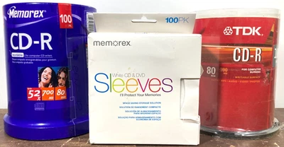 200 CD-R TDK & Memorex 52x 80min w/100 Pack Sleeves Blank Media Discs Spindle - Image 1 of 4