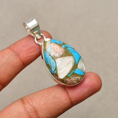 Ciondolo gioiello fatto a mano in argento sterling 925 con pietra turchese in... - Immagine 1 di 4