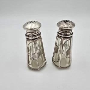 Vintage Silver Overlay Glass Salt & Pepper Shakers Decorative Floral Design 3.5" - Picture 1 of 5