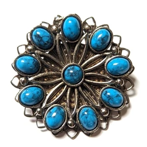 Vintage Silver Tone Filigree Faux Turquoise Flower Southwestern Brooch Pendant - Picture 1 of 3