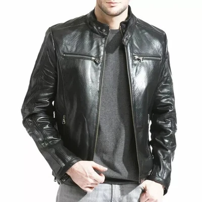 Men's Leather Jacket 100% Real Genuine Soft Lambskin Black Classic Stylish Coat - Image 1 of 4