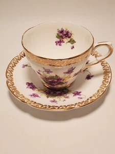 Juego de platillos de taza de té Collingwoods England violetas adornos dorados porcelana de hueso vintage - Imagen 1 de 7