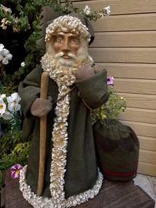 Antiker deutscher Weihnachtsmann Belsnickel Pappmaché Süßigkeiten Behälter grün Gewand Sack 15" - Bild 1 von 7