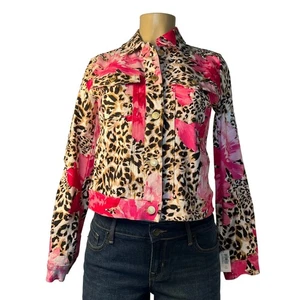 Boston Proper Cheetah Blooms Print Denim Jacket Size XS - Picture 1 of 12