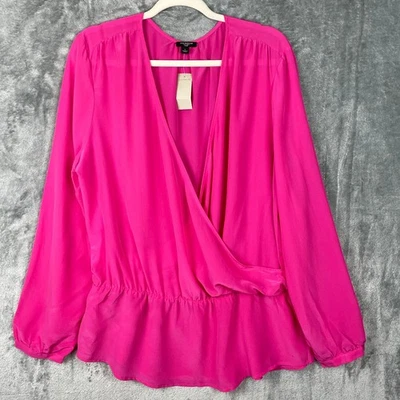 Blusa Ann Taylor Top Mujer Grande L Rosa Seda Imitación Envolvente Manga Larga Dobladillo Peplum Foto 1 de 4