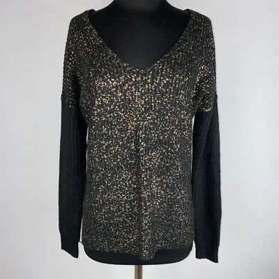 Suéter Suéter Mossimo Juniors L Negro Dorado Metálico Cuello en V Ranuras Vacaciones DB Foto 1 de 4