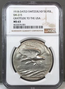 1918 Dated Switzerland SM-215 Gratitude To The USA Silver Medal ~ NGC MS63 - Picture 1 of 4