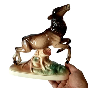 Vintage Porcelain Deer Statue Without Horns on Tree Trunk 1950s Art Decor 24cm - Picture 1 of 12