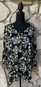 NEW DIRECTIONS Tunic Top 1X Black Multicolor Floral Easy Care Knit Long Slv EC - Picture 1 of 12
