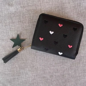 Black Faux Leather Wallet with Embroidered Hearts and Star Tassel Zipper Closure - Picture 1 of 5