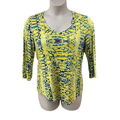 Túnica tribal feminina de malha multicolorida amarela azul tamanho grande manga 3/4 gola V - Imagem 1 de 4