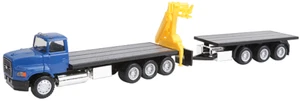 MACK HEAVY DUTY 3 AXLE FLATBED w/MOVEABLE GRAPPLE CRANE & TRAILER HO SCALE NEW - Picture 1 of 21