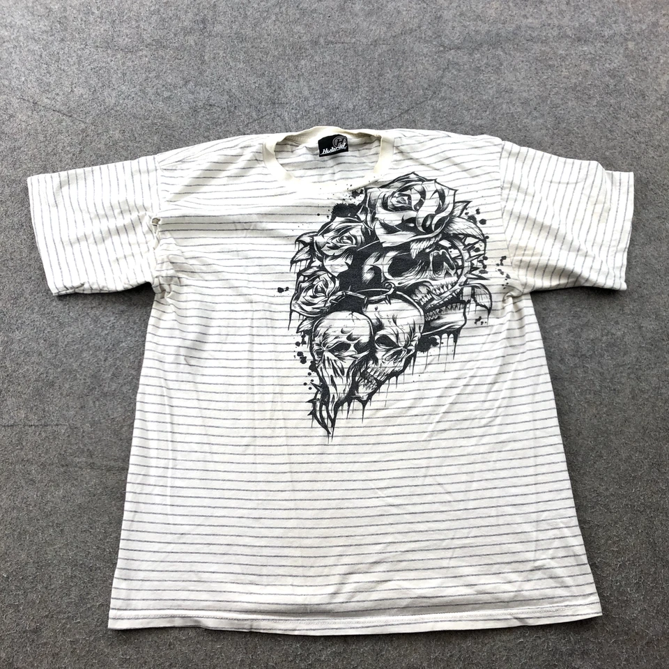 Camisa Híbrida De Colección Hombres Mediana Blanca Rayas Manga Corta Calavera Rosas Surf Y2K* Foto 1 de 4