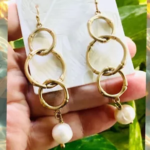TOMMY BAHAMA OHRRINGE NEU MIT ETIKETT Gold BAMBUS SCHLAUFE⭐️ECHTE SÜSSWASSERPERLEN - DURCHBOHRT - Bild 1 von 10