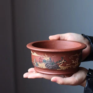 Maceta de arcilla natural Yixing Zish de 5,6 pulgadas - Paisaje artístico chino tallado a mano - Imagen 1 de 8