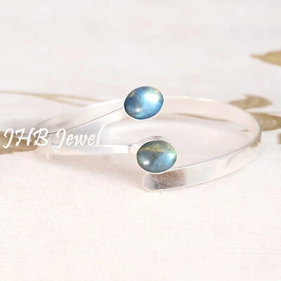 Blue Fire Labradorite Gemstone 925 Sterling Silver Bangle Cuff Special Day Wear - Image 1 of 4