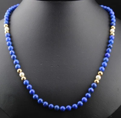 Colar de pérolas de lápis-lazúli com nós à mão contas de ouro 14k 21" - Imagem 1 de 4