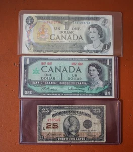 1923 Dominion of Canada 25 cent & 1967 & 1973 $1 Canada Banknote - Picture 1 of 12