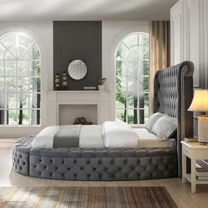 Elizabeth Upholstered Velvet Round Storage King Size Bed in Gray Color - Picture 1 of 11