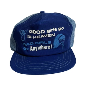 Vintage Good Girls Go To Heaven Hat Cap Snap Back Mesh Trucker Slogan Mens 80s - Picture 1 of 7