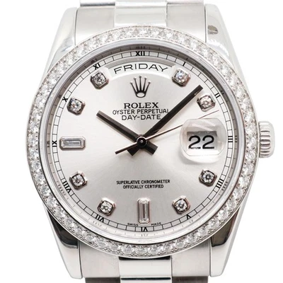 2001 劳力士 118346 日-日期白金总统银色钻石表盘手表 — 第 1/4 张图片