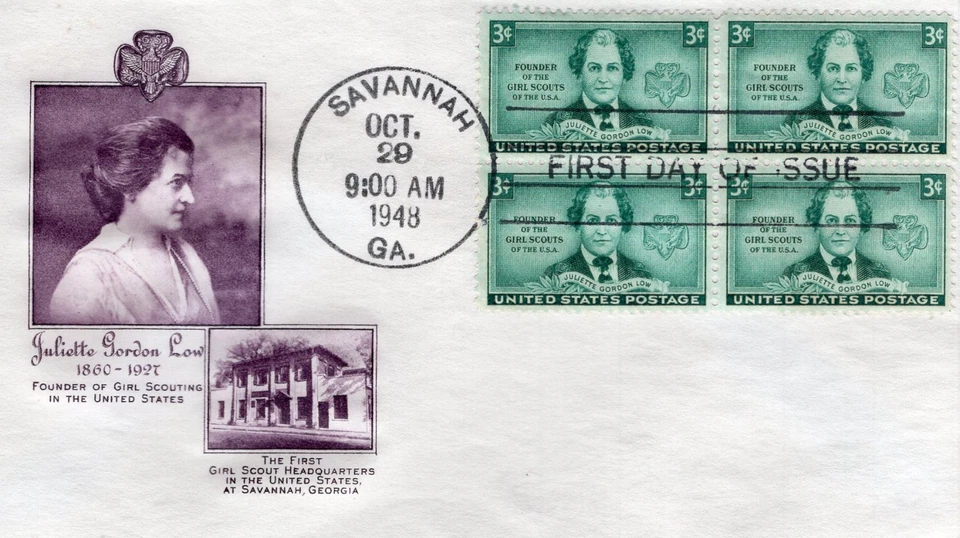 1948 #974 JULIETTE LOW GIRL SCOUTS BLOCK OF 4 FDC W/ FULTON CACHET UA GEM! - Image 1 of 1