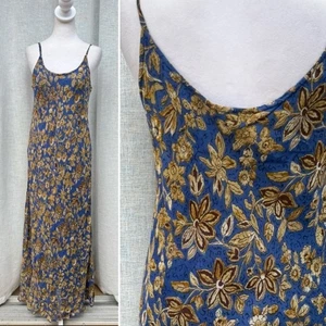 Vestido largo de algodón Y2K NUEVO CON ETIQUETAS Sacred Threads azul marrón floral sesgo correa espagueti - Imagen 1 de 10