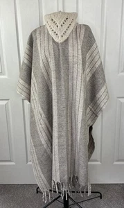 Vtg 1980s Wool Blanket Poncho Crochet Cowl Neck Striped Fringe Cream Brown Gray - Picture 1 of 5