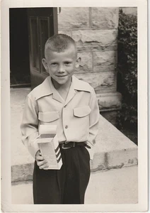 Found Vintage Photo Boy Holding Open Food Box Downers Grove Westmont Mickey 787 - Picture 1 of 1