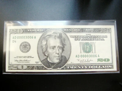 $20 1996 ((AD)) FEDERAL RESERVE CHOICE UNC BU NOTE ((2 DIGIT SERLOW#OOOO3OO6)) - Image 1 of 3