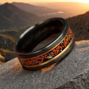 Dinosaur Bone & Meteorite Brushed Mens Tungsten Wedding Ring Comfort Fit - 8mm - Picture 1 of 9