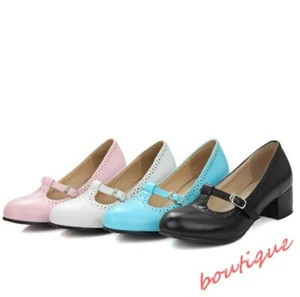Zapatos informales de vestir con punta redonda Mary Jane de tacón ancho para mujer con correa al tobillo talla - Imagen 1 de 15