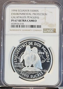 1994 ECUADOR SILVER 5000 SUCRES GALAPAGOS PENGUINS NGC PF 67 ULTRA CAMEO RARE - Picture 1 of 3