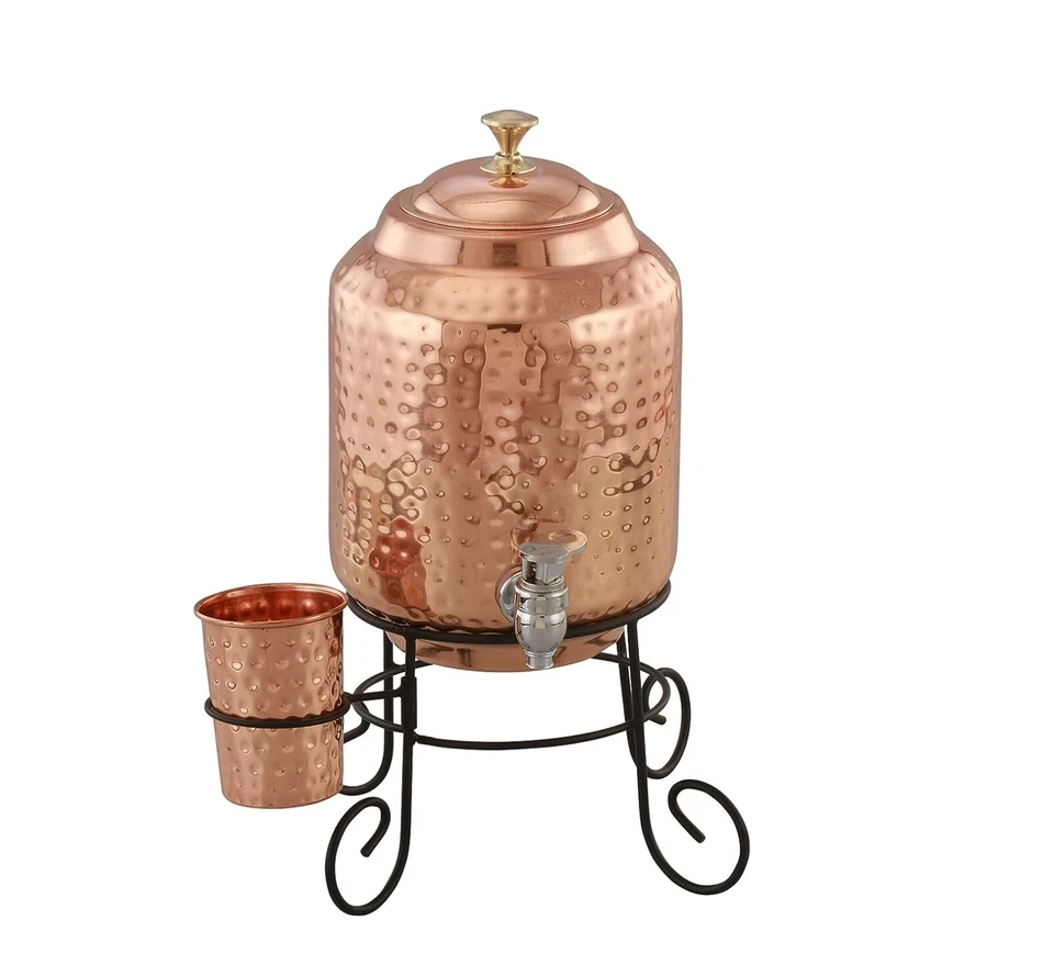 Pure Copper Water Dispenser Container Pot with 1 Glasses and Stand 5000 ml US - Image 1 of 3
