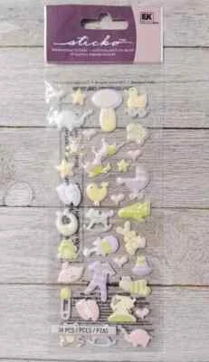 pastel baby shower fun stickers EK success dimensional puffy rattle 34pc - Image 1 of 2
