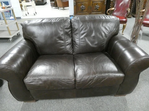 Vintage Brown Cowhide Leather Overstuffed Sofa Loveseat Cover
