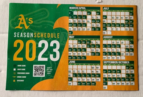 Oakland A’s Athletics 2023 Magnet Schedule Magnetic SGA Calander Opening Night Cover