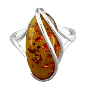 Cognac Amber Oval Statement Ring With Swirl Overlay Solid Sterling Silver 925 - Picture 1 of 3