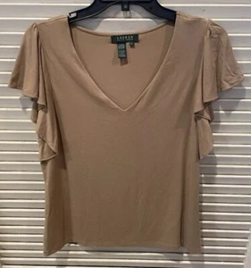 Lauren Ralph Lauren Womens Top Large Tan Flutter Sleeve Jersey V-Neck Khaki - Picture 1 of 9
