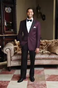 Giacca da smoking prugna con risvolti neri punta slim fit - Foto 1 di 1