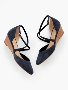 Talbots Wedges Size 7 Navy Laney Crisscross Suede Preppy Career City Timeless - Picture 1 of 9