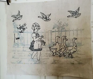 Vintage Kreuzstich Wandbehang Gänsemädchen unvollendet 27 x 24 - Bild 1 von 6